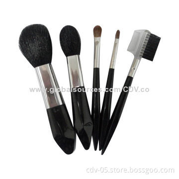5-piece Gift makeup brush sets, made of plastic handle with aluminum ferrule, goat and pony bristles